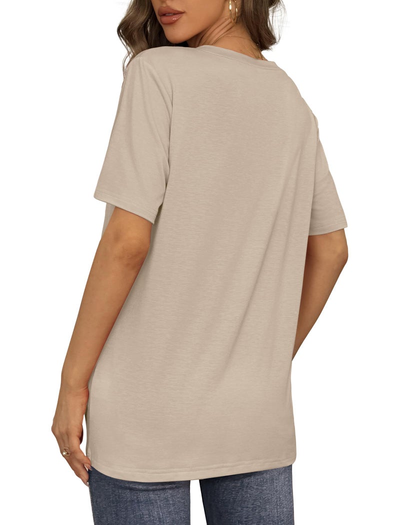 Aokosor Workout Tops for Women Loose Fit V Neck Tee Shirts Short Sleeve Tops Boyfriend T-Shirts Apricot M - Image 5