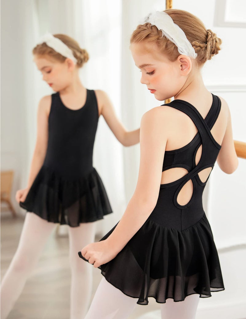 Arshiner Kid Girls Hollow Back Ballet Leotard with Skirt Sleeveless Dance Dresses Black - Image 3
