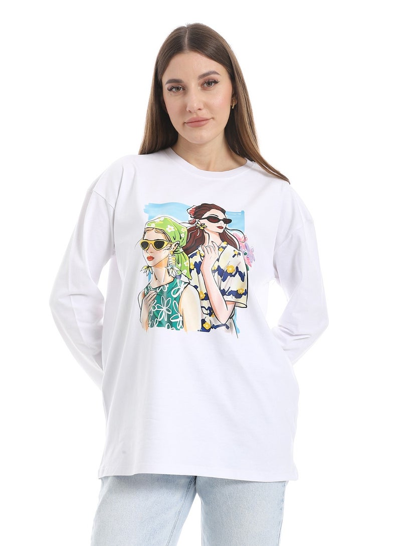 Andora White Long Sleeves Oversized Printed T-Shirt_White - Image 1