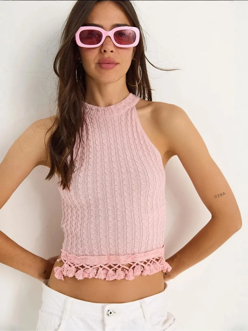 Bianco Lucci LUCCI Textured Halter Neck Fitted Crop Blouse