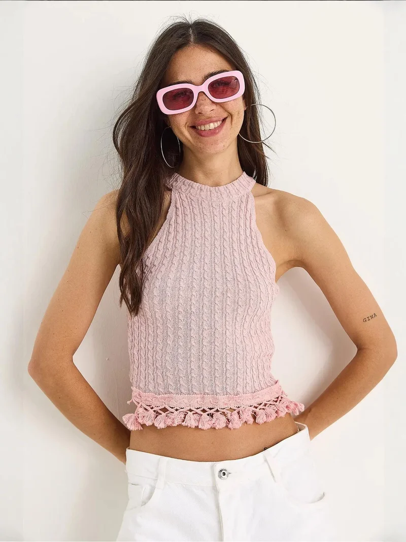 Bianco Lucci LUCCI Textured Halter Neck Fitted Crop Blouse