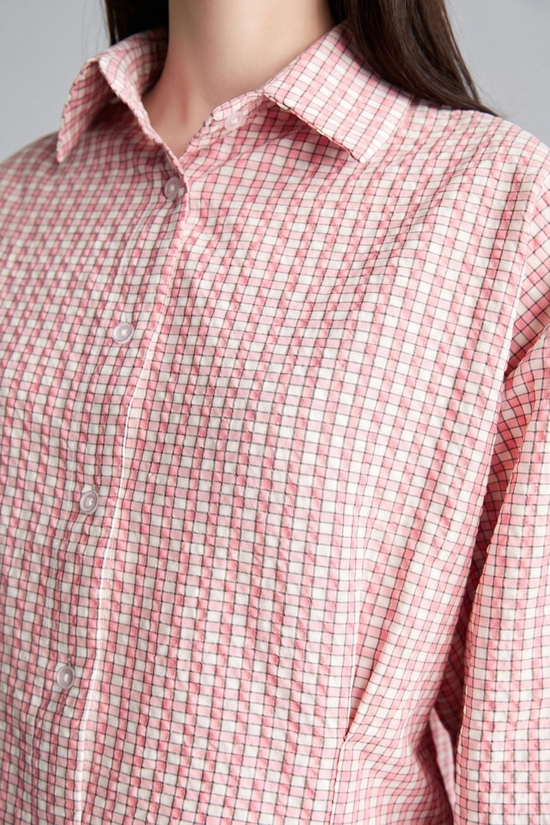 DeFacto Red Woman Regular Fit Crinkle Fabric Plaid Long Sleeve Tunic Casual - Image 4