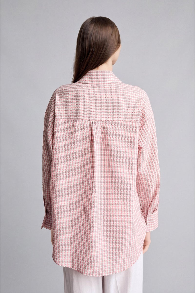 DeFacto Red Woman Regular Fit Crinkle Fabric Plaid Long Sleeve Tunic Casual - Image 5