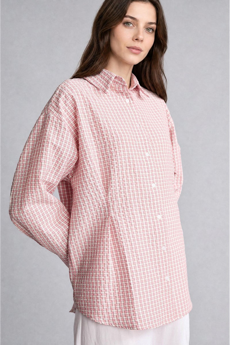 DeFacto Red Woman Regular Fit Crinkle Fabric Plaid Long Sleeve Tunic Casual - Image 3