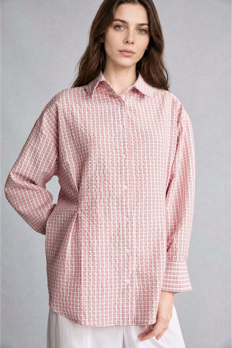 DeFacto Red Woman Regular Fit Crinkle Fabric Plaid Long Sleeve Tunic Casual - Image 1