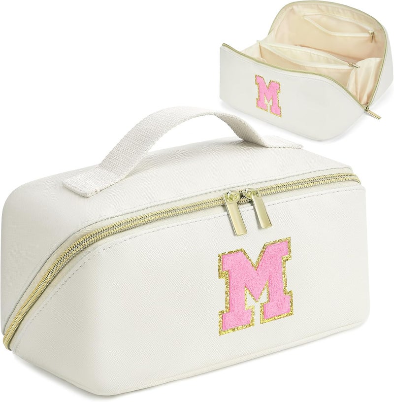 DTBG Mothers Day Gifts - Initial Makeup Bag for Teen Girl Gifts Trendy Stuff - Travel Cosmetic Bags for Women - PU Leather Toiletry Bag Make Up Pouch - Personalized Skincare Bag Birthday Gifts - White M