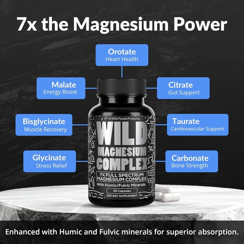Wild Foods Magnesium Complex Supplement with 7X Forms 90 Capsules  High Absorption Full Spectrum Easy Digestion  500mg Glycinate Bisglycinate Malate Orotate Citrate Taurate - Image 2