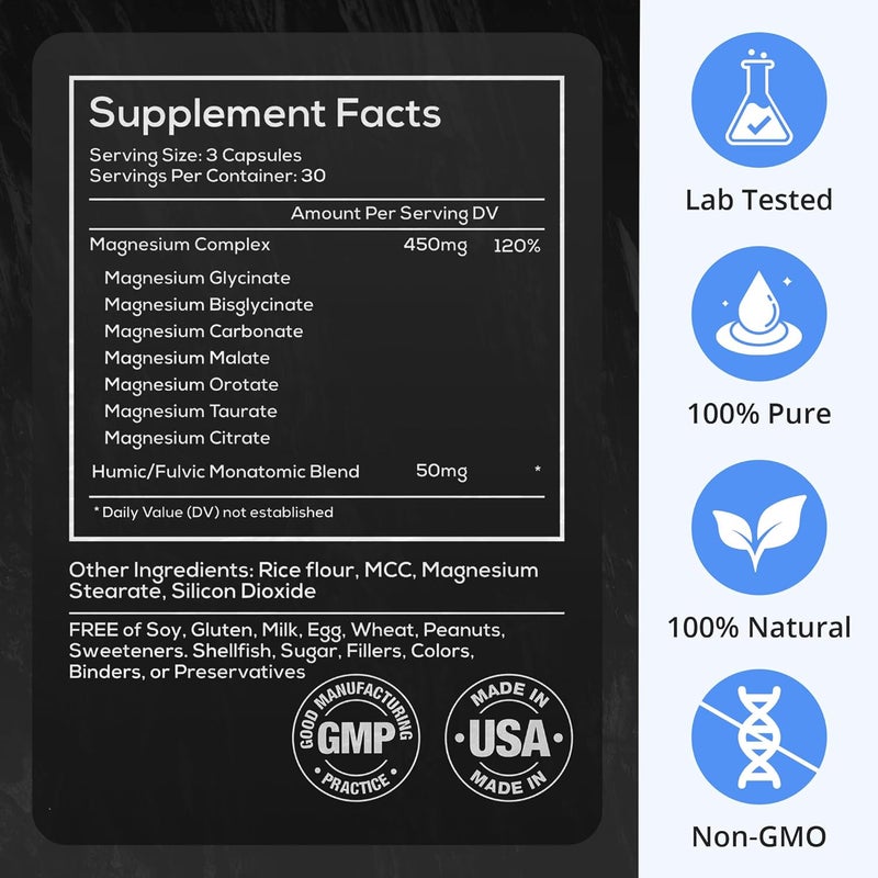 Wild Foods Magnesium Complex Supplement with 7X Forms 90 Capsules  High Absorption Full Spectrum Easy Digestion  500mg Glycinate Bisglycinate Malate Orotate Citrate Taurate - Image 3