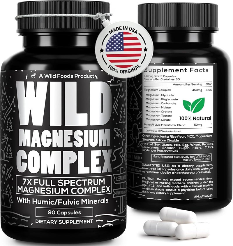 Wild Foods Magnesium Complex Supplement with 7X Forms 90 Capsules  High Absorption Full Spectrum Easy Digestion  500mg Glycinate Bisglycinate Malate Orotate Citrate Taurate - Image 1
