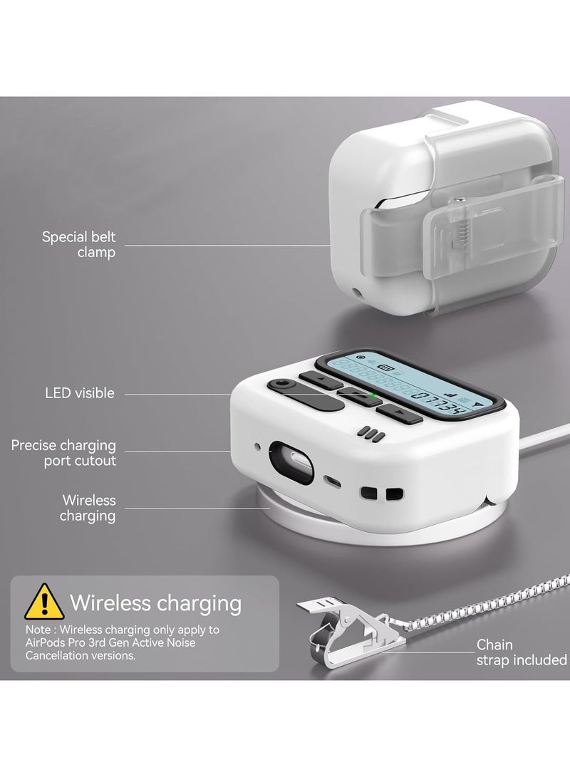 جراب AirPods Pro 3 بتصميم كلاسيكي على شكل جهاز النداء، مزود بقفل أمان وحلقة مفاتيح، ومشبك حزام على شكل جهاز النداء، وقلم تنظيف، وغطاء حماية صلب من البولي كربونات بتصميم كلاسيكي، وغطاء مزدوج الطبقات مقاوم للصدمات، باللون الأبيض. - Image 3