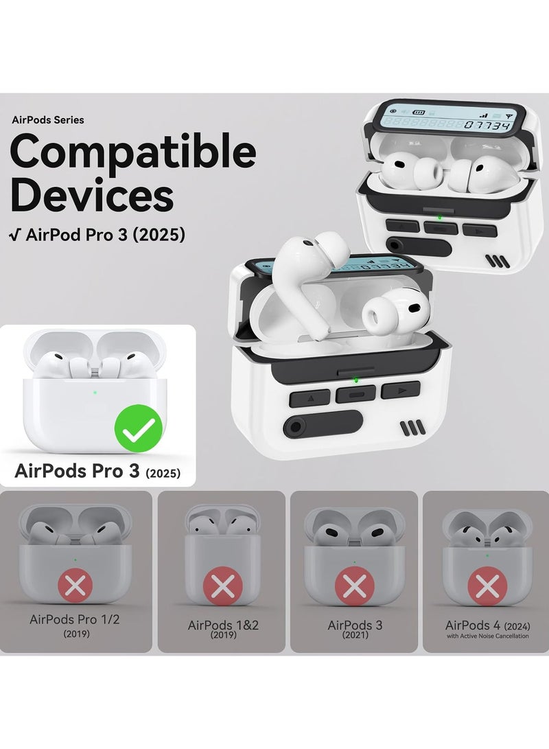 جراب AirPods Pro 3 بتصميم كلاسيكي على شكل جهاز النداء، مزود بقفل أمان وحلقة مفاتيح، ومشبك حزام على شكل جهاز النداء، وقلم تنظيف، وغطاء حماية صلب من البولي كربونات بتصميم كلاسيكي، وغطاء مزدوج الطبقات مقاوم للصدمات، باللون الأبيض. - Image 4