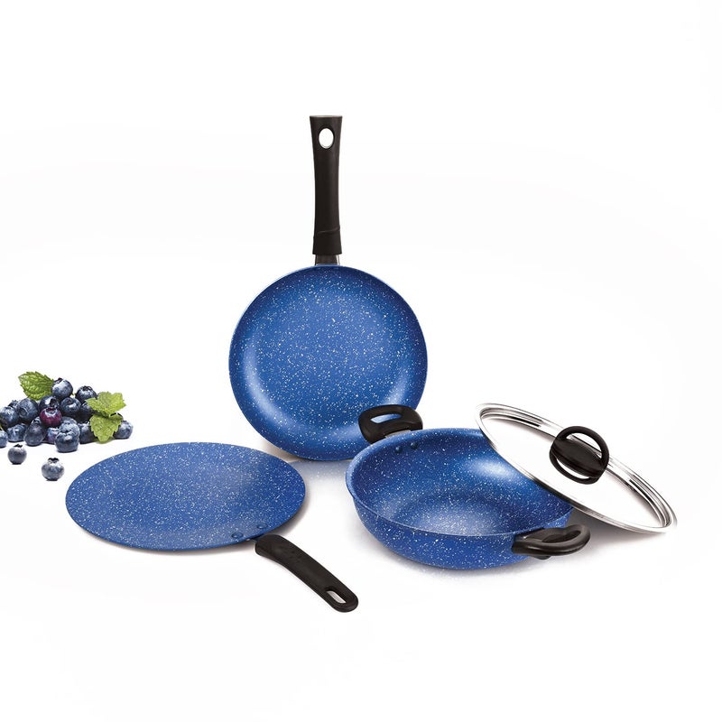 Alda Non Stick Cookware Set 4-Piece (Wok with Lid, Fry Pan, Crepe Pan) - Blueberry 3mm Induction Friendly - Image 1