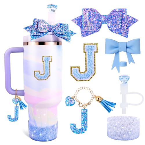 Lingdeer Blue Cup Accessories Set for Stanley 30OZ & 40OZ Tumbler with Handle, Letter Charms, Bow & Diamond Straw Covers, Glitter Silicone Boot, Personalized Sticker for Stanley Cup Accessories (J) - Image 1