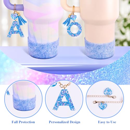 Lingdeer Blue Cup Accessories Set for Stanley 30OZ & 40OZ Tumbler with Handle, Letter Charms, Bow & Diamond Straw Covers, Glitter Silicone Boot, Personalized Sticker for Stanley Cup Accessories (J) - Image 5
