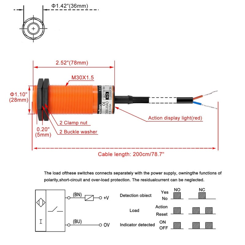 Heschen M30 Capacitive Proximity Sensor Switch, SZC-M30-20AO, Detecting Distance 1-20mm, 20-250VAC 400mA, Normally Open (NO), 2 Wire - Image 2