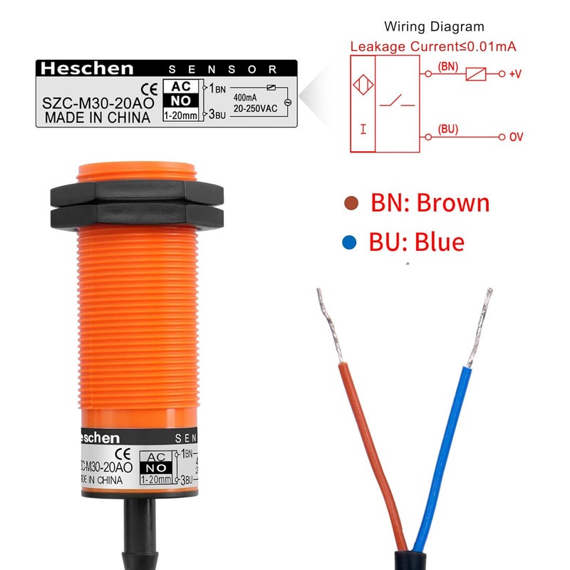 Heschen M30 Capacitive Proximity Sensor Switch, SZC-M30-20AO, Detecting Distance 1-20mm, 20-250VAC 400mA, Normally Open (NO), 2 Wire - Image 3