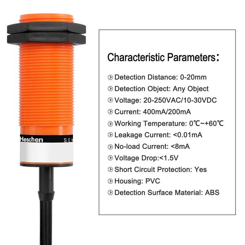 Heschen M30 Capacitive Proximity Sensor Switch, SZC-M30-20AO, Detecting Distance 1-20mm, 20-250VAC 400mA, Normally Open (NO), 2 Wire - Image 4