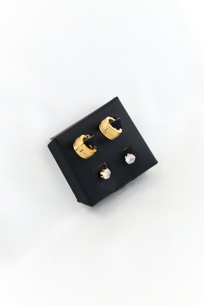 Piatella Women 2 Piece 18k Gold Plated Simulated Diamonds Studs And Diamond Cut Huggie Earrings, Gold - Image 1