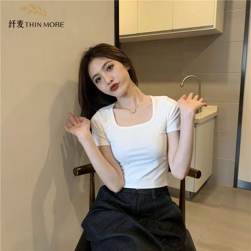 U-Neck Short-Sleeved T-Shirt Women'S Spice Girls Tight-Fit Stretch Base Shirt With Short High Waist Shoulder - Image 1