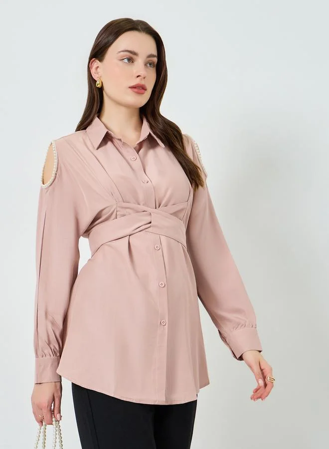 Styli Pink Pearl-Embellished Oversized Shirt