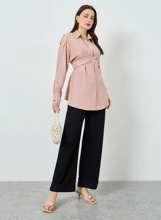 Styli Pink Pearl-Embellished Oversized Shirt