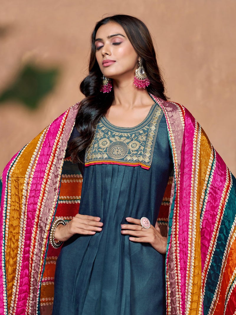 EthnicJunction Women Cotton Blend Embroidery Kurta Set and Salwar with Multicolor Dupatta, 2XL - Image 2