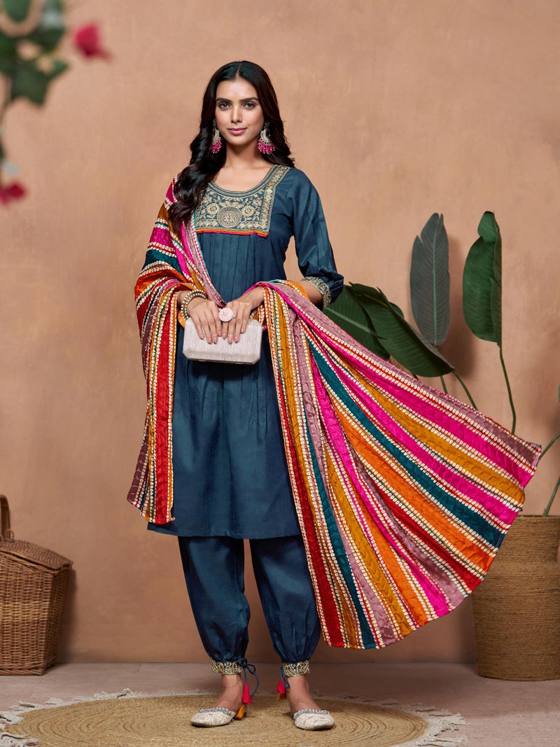EthnicJunction Women Cotton Blend Embroidery Kurta Set and Salwar with Multicolor Dupatta, 2XL - Image 3