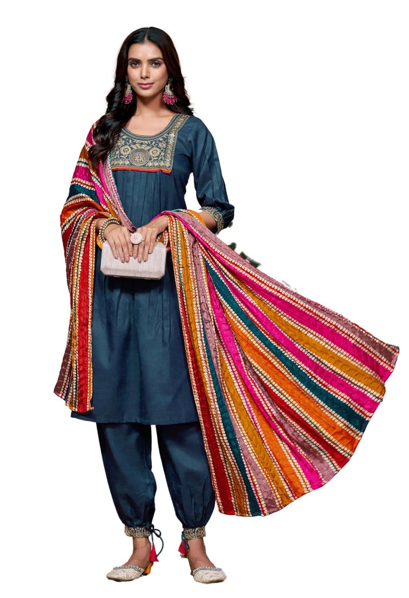 EthnicJunction Women Cotton Blend Embroidery Kurta Set and Salwar with Multicolor Dupatta, 2XL - Image 1