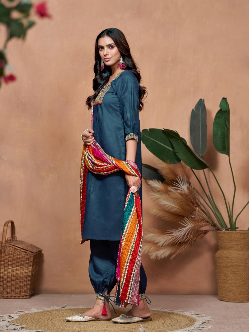 EthnicJunction Women Cotton Blend Embroidery Kurta Set and Salwar with Multicolor Dupatta, 2XL - Image 5