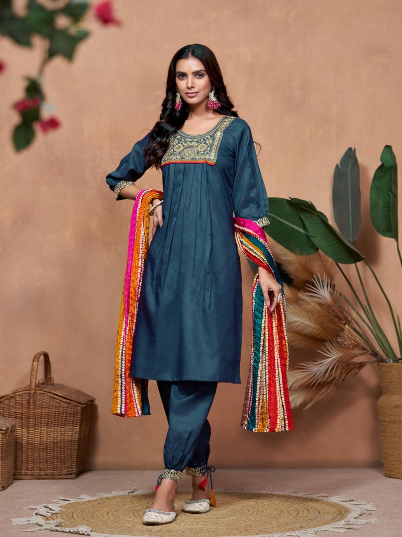 EthnicJunction Women Cotton Blend Embroidery Kurta Set and Salwar with Multicolor Dupatta, 2XL - Image 4