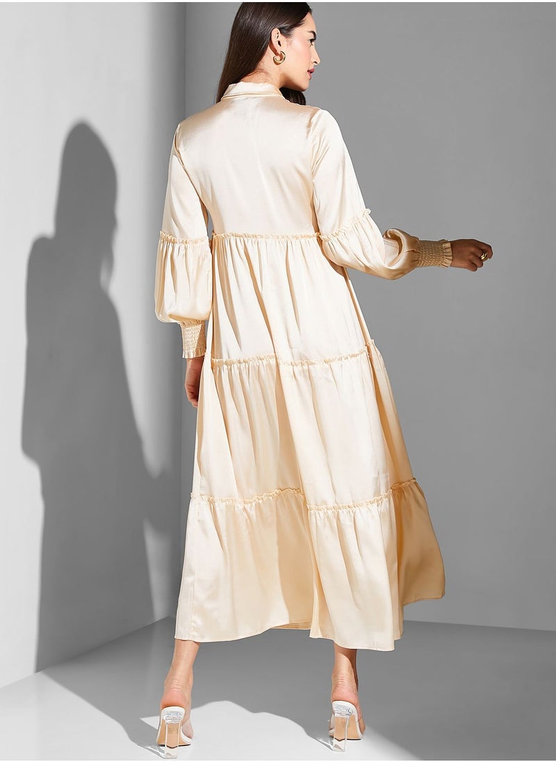 Namshi x Modanisa Ruched Sleeve Button Detail Dress  - Image 2