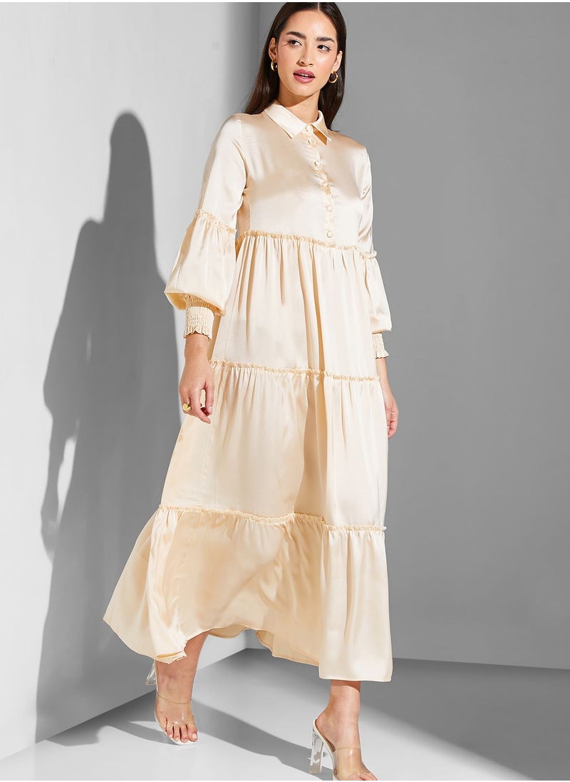Namshi x Modanisa Ruched Sleeve Button Detail Dress  - Image 1