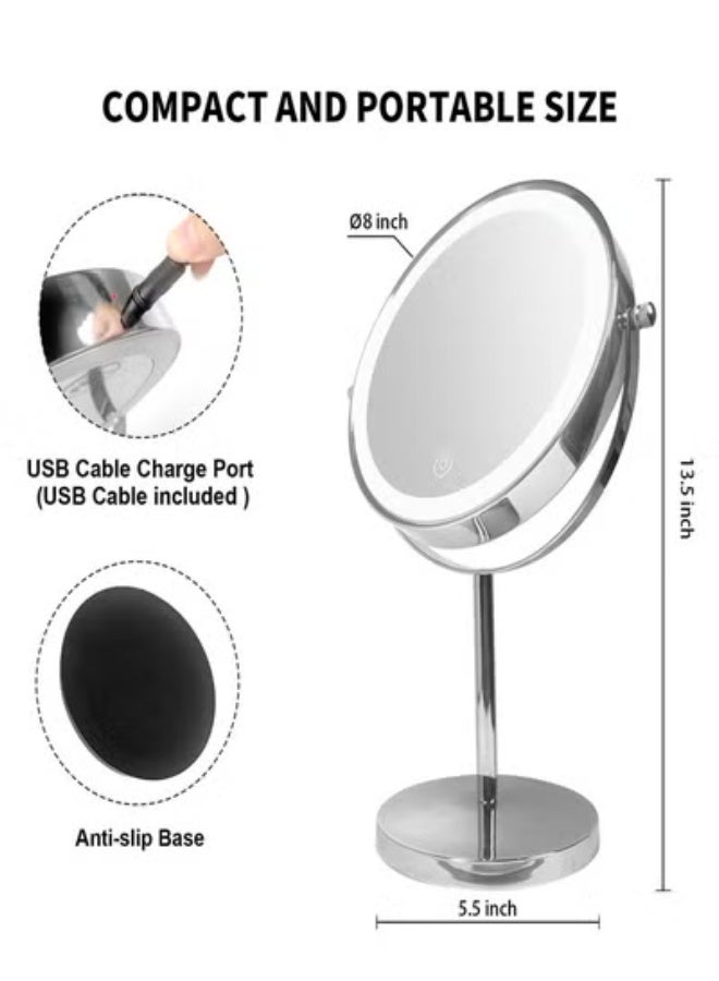 Upgraded 8-inch illuminated makeup mirror with 1x/5x magnification, double-sided magnifying mirror, three-color adjustable dimming, and touch-sensitive 360° rotating makeup mirror. - Image 5