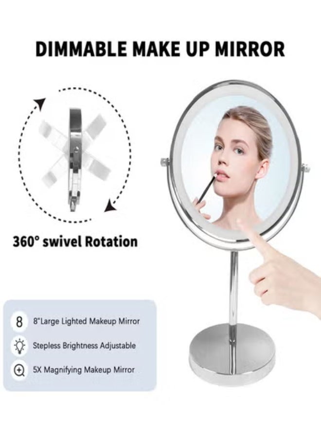 Upgraded 8-inch illuminated makeup mirror with 1x/5x magnification, double-sided magnifying mirror, three-color adjustable dimming, and touch-sensitive 360° rotating makeup mirror. - Image 4