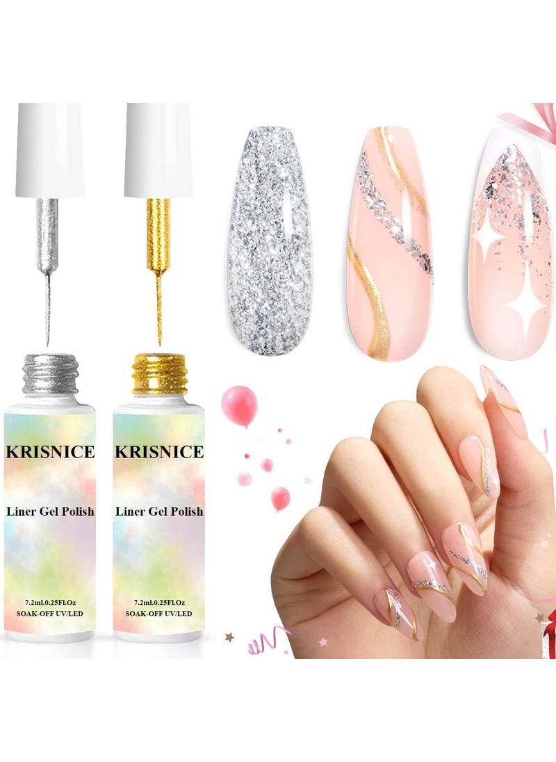 KRISNICE - Nail Art Liner Gel Polish Built in Thin BrushMetallic Glod Silver Colors Nail Polish Soak off Curing for French Tip Nails Design DIY Nail (KLX2-001) - Image 1
