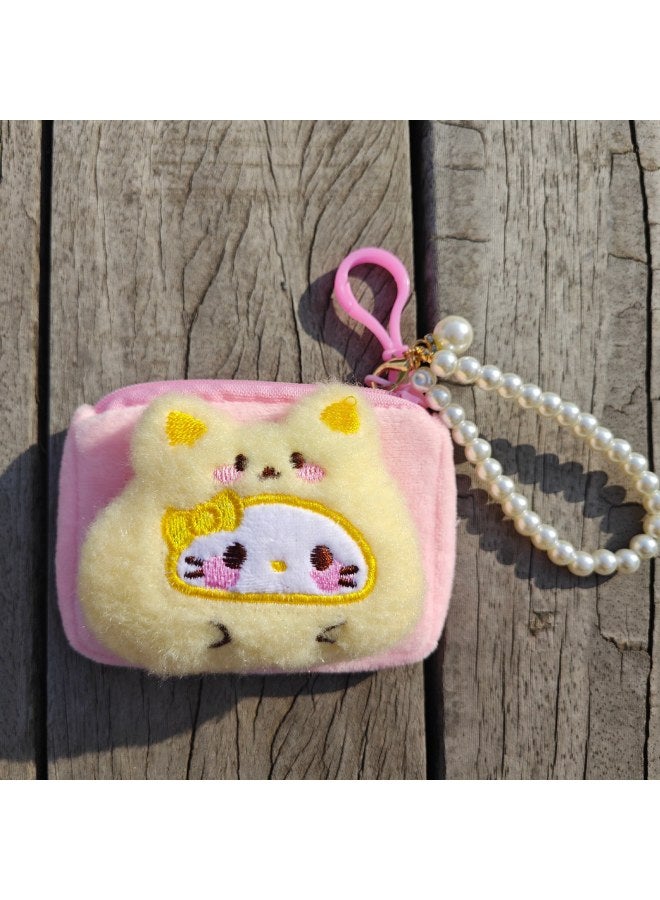 Cartoon Plush Cat Keychain Coin Purse Mini Bead Chain Small Wallet Bag Charm Coin Card Pouch Earphone Case Gift
