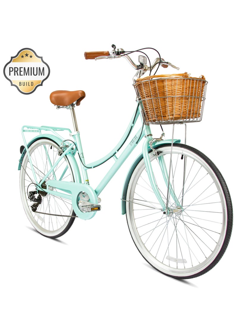 Spartan Platinum City Bike – 700C – Bikes With Gears For Women – Cruiser Bicycle For Ladies – Includes Rear Rack, Vintage Basket And Stand, Comfort Saddle – Commuter Bicycles - Desert Sage  - Image 1