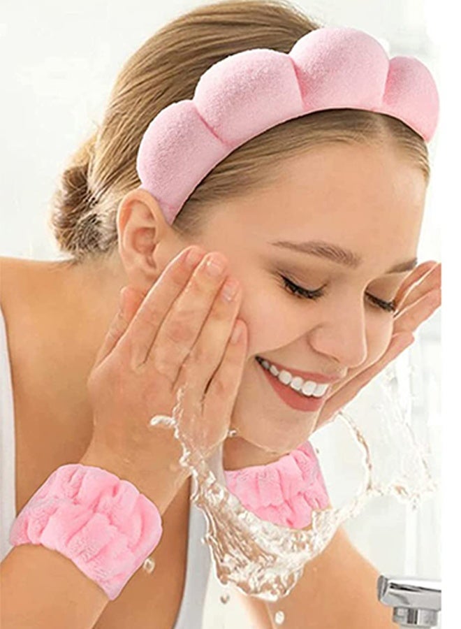 Spa Headband for Washing Face, Velvet Makeup Headband with Face Wash Wristbands - Pink - Image 2