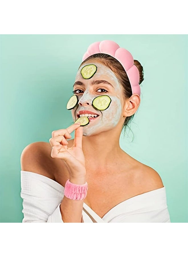 Spa Headband for Washing Face, Velvet Makeup Headband with Face Wash Wristbands - Pink - Image 4