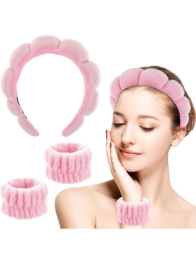 Spa Headband for Washing Face, Velvet Makeup Headband with Face Wash Wristbands - Pink - Image 1