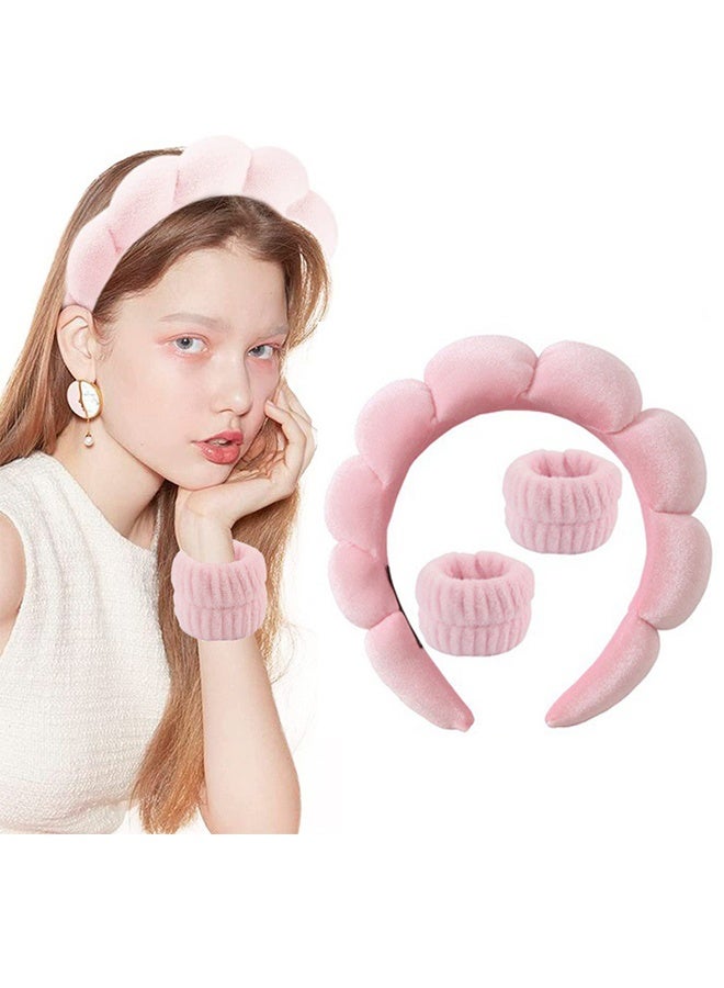 Spa Headband for Washing Face, Velvet Makeup Headband with Face Wash Wristbands - Pink - Image 5