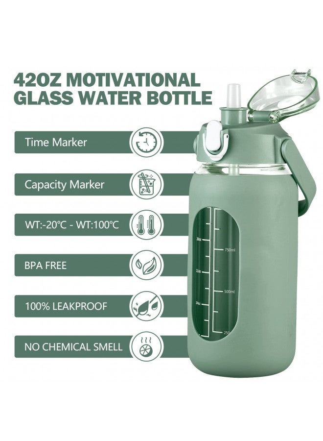 kytffu 56oz Glass Water Bottles with Straw, Motivational Glass Bottle with Silicone Sleeve and Time Marker, Leakproof Large Glass Water Jug for Gym Home Office,Olive - Image 1