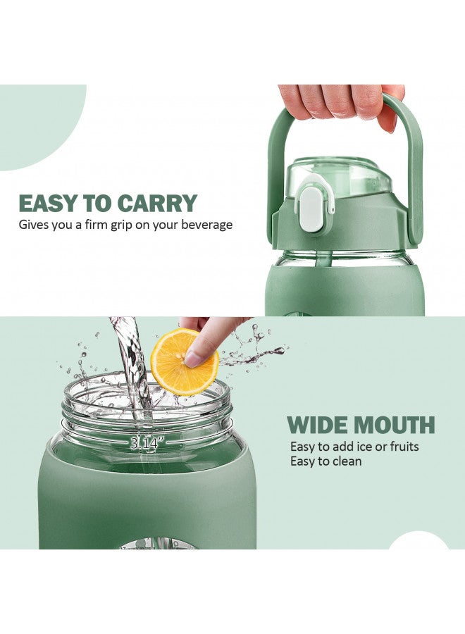 kytffu 56oz Glass Water Bottles with Straw, Motivational Glass Bottle with Silicone Sleeve and Time Marker, Leakproof Large Glass Water Jug for Gym Home Office,Olive - Image 4