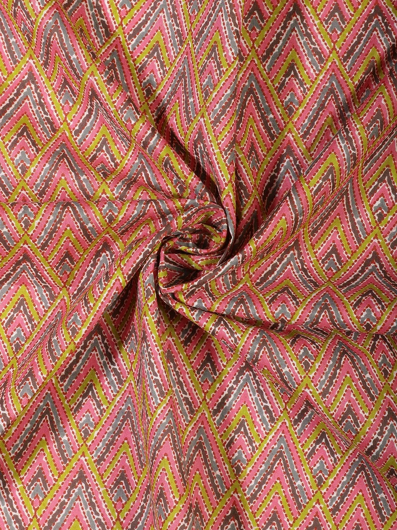 أيه كيه إس Geometric Chevron Hand-Block Print Fabric - Pink & Olive