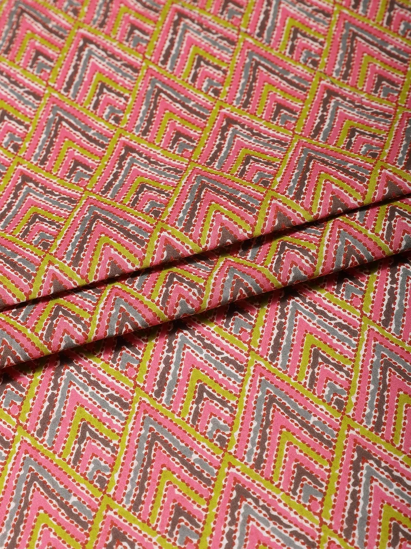 أيه كيه إس Geometric Chevron Hand-Block Print Fabric - Pink & Olive
