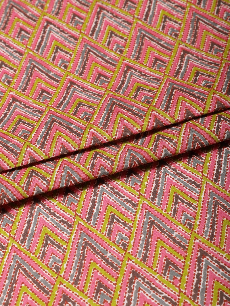AKS Geometric Chevron Hand-Block Print Fabric - Pink & Olive - Image 1