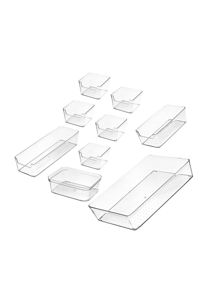 فواصل أدراج بلاستيكية، 9 عبوات من صناديق تخزين أشتات سطح المكتب، صواني قلم رصاص لمكتب المطبخ، منظم لخزانة غرفة النوم، صناديق تخزين شفافة لأدوات المطبخ وأدوات المجوهرات والمكياج - Image 1