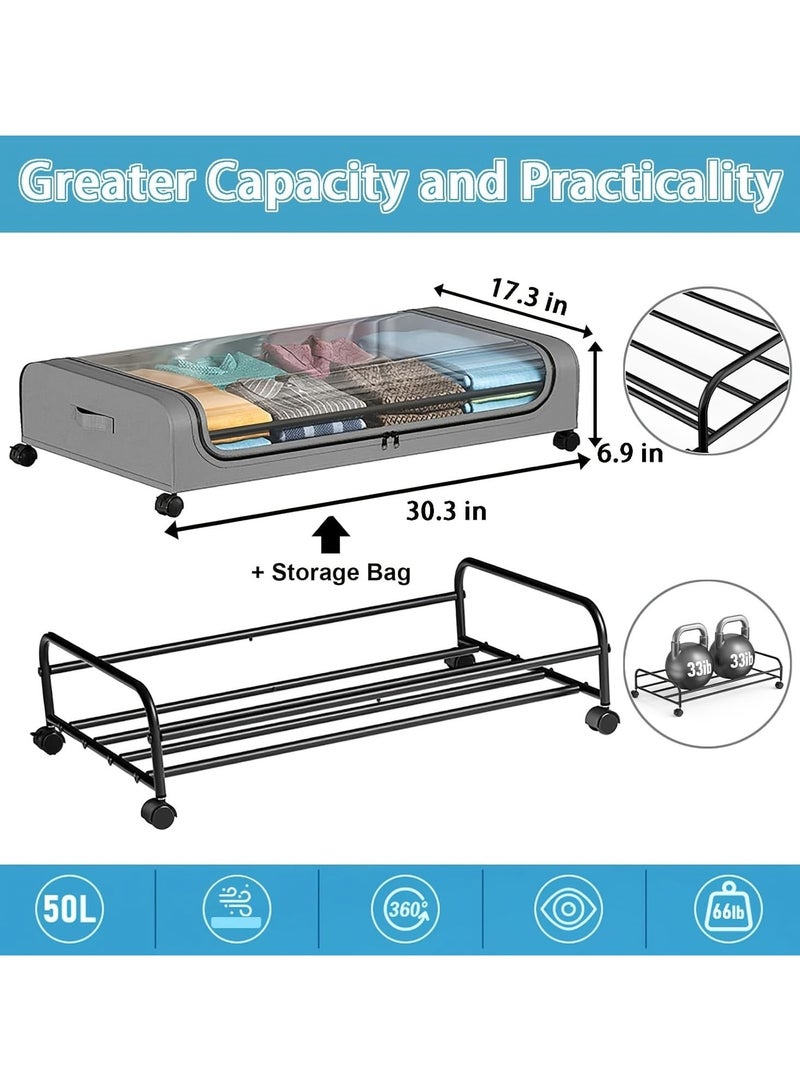 Bukela Under Bed Storage with Wheels, 2-Pack Under Bed Storage Containers with Clear Lids, Under Bed Shoe Storage Organizer, Rolling Under Bed Metal Drawer for Clothes,Toys (Grey, 2Pack) - Image 2