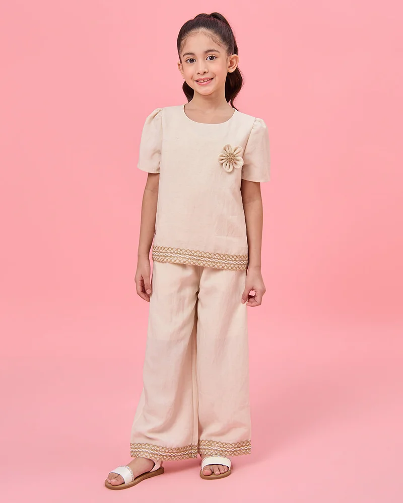 Redtag Girls Beige Floral Embellished Blouse