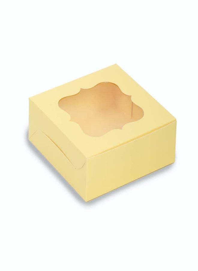 Chic a Choc Brownie Box for 4 brownies. Pastel yellow colour. Chic a Choc. Size 6x6x2 in. Pack of 8. Bakery/Cakes Packaging. - Image 1